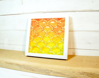 Fish Scale Glass Art Orange & Yellow 25x25cm (10"x10"), Orange Yellow Fish Scale Glass Framed Picture, Fish Scale Frame
