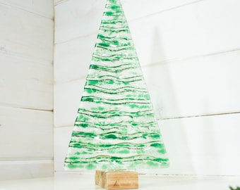 XL Fused Glass Christmas Tree Green 32cm ( 12 1/2" tall), Green Fused Glass Christmas Tree Decoration Festive Ornament with wooden block
