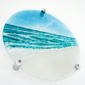Round Turquoise Beach Wall Art 29cm (10 1/2&quot;) teal fused glass wall hanging, glass wall panel, porthole art, seaside gifts, sea glass art