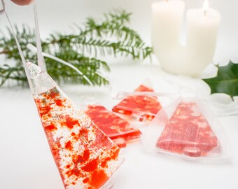 3 to 6 Mini red glass christmas tree decoration 8x4.5cm (3x1 1/2"), red hanging glass Christmas tree decoration with ribbon & organza bag