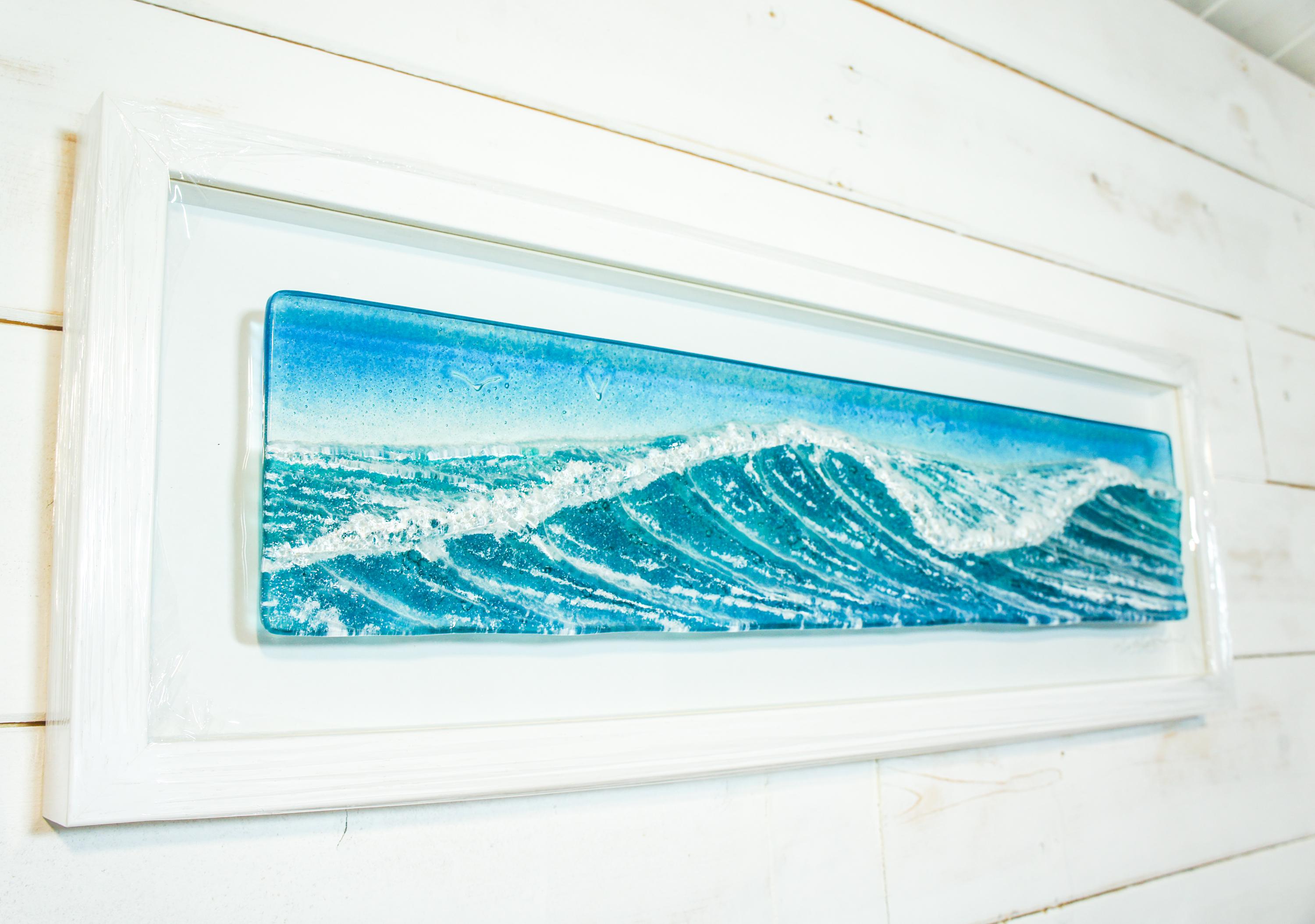 Panoramic Turquoise Wave Scene Fused Glass Frame 60x20cm(23 1/2x8