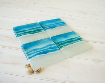 Set of 2 Beach Glass Coasters 10cmx10cm (4x4"), Set of 2 beach fused glass coasters, sea glass coasters, fused glass coasters