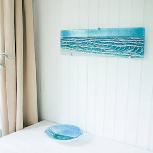 Panoramic Fused Glass Wall Art 70x20cm (27 1/2 x8"), Teal Blue Wave Ocean Large Glass Art, landscape wall art, surfing aqua beach room decor