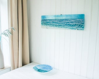 Panoramic Fused Glass Wall Art 70x20cm (27 1/2 x8&quot;), Teal Blue Wave Ocean Large Glass Art, landscape wall art, surfing aqua beach room decor