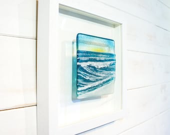 Fused Glass Art Wall Decor, framed wall art, Wave in a Box D2 25x25cm(10"), coastal wall art, sunset wall art, teal home decor