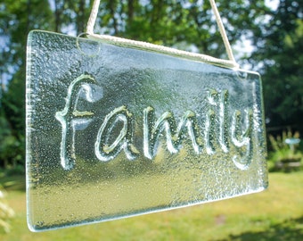 Family Suncatcher 20x10cm(8x4"), Family Sign Fused Glass Clear Hanging Suncatcher, Handmade Window Decoration Art, housewarming gifts, gifts