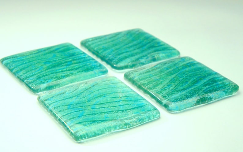 4 Turquoise Seabed Fused Glass Coasters, Set of 4 Coasters, green glass coasters, seaside gifts, sage green decor, sea glass art, image 2