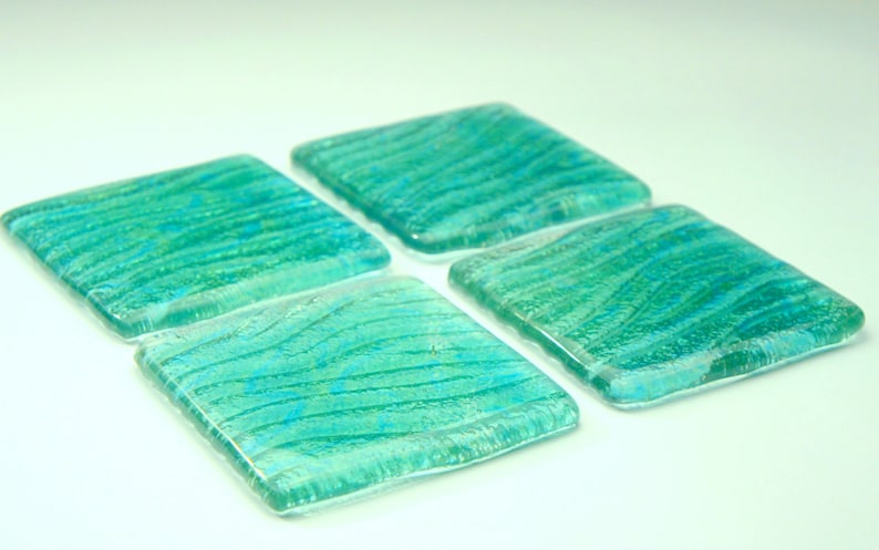 4 Turquoise Seabed Coasters, Set of 4 Coasters, 4 Fused Glass Seabed Coasters 10cmx10cm4x4inches, green glass coasters, coastal coasters image 2