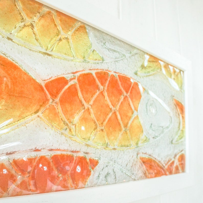 fused glass fish orange yellow landscape, fish wall art, nautical art
