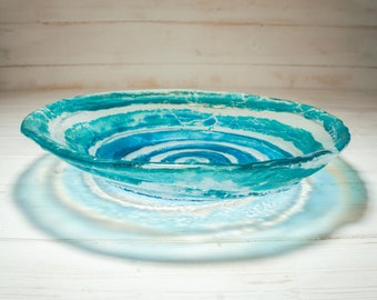 Turquoise Blue Fused Glass Bowl 29cm(12"), Turquoise Blue Medium Swirl Fused Glass Fruit Bowl, Table Decor Glass Ornament, Glass Key Rest