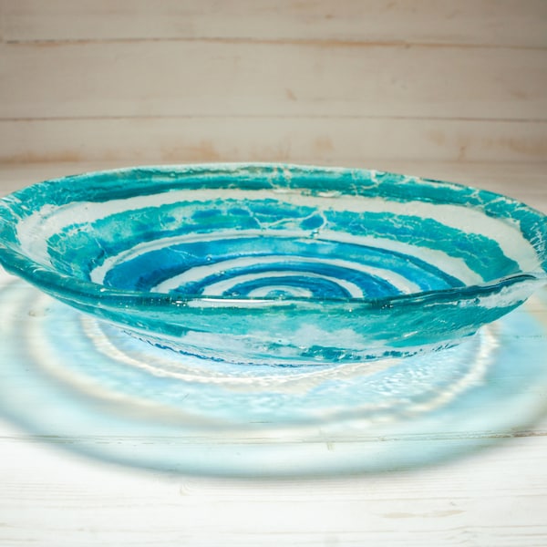 Bol 29 cm (12") en verre fusionné bleu turquoise, bol à fruits en verre fusionné tourbillon moyen bleu turquoise, décoration de table en verre, porte-clé en verre