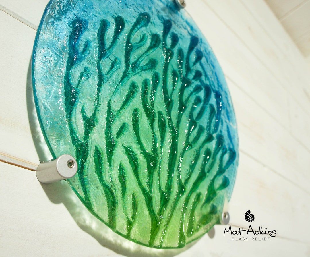 Coral Wall Art 29cm11 1/2, Lime Green Turquoise Blue Round Coral Reef Glass Wall Panel, Fused