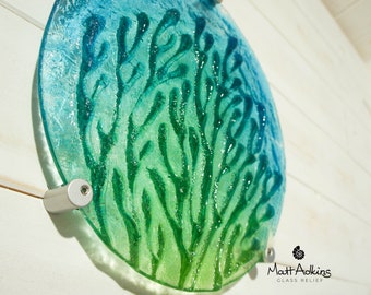 Coral Wall Art 29cm(11 1/2"), Lime Green Turquoise Blue Round Coral Reef Glass Wall Panel, Fused Glass Sculpture Porthole Abstract Wall Art