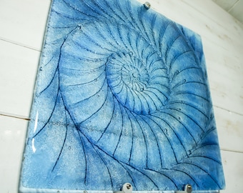 Large Ammonite Glass Art 40cm(16"), Dark Blue Square Ammonite Glass Wall Sculpture, Coastal Fused Glass, Fossil Nautilus Seashell Art