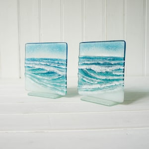Set of 2 Small Wave Stands 12cm(5&quot;), Fused Glass Wave Art, Coastal Birds Glass Art, Glass Ornament, Ocean Suncatcher Art Model 1