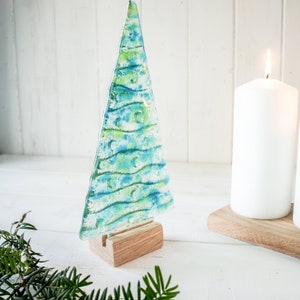 Large Fused Glass Christmas Tree Blue Green 22cm (8 1/2&quot; tall), Blue & Green Fused Glass Christmas Tree Decoration with wooden block