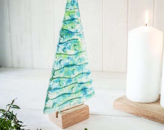 Large Fused Glass Christmas Tree Blue Green 22cm (8 1/2" tall), Blue & Green Fused Glass Christmas Tree Decoration with wooden block