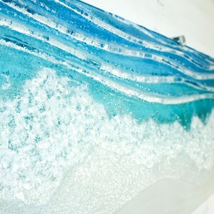 large panoramic wave fused glass wall art turquoise and white with wall fixings