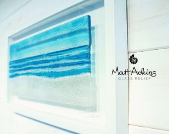 Large Landscape Beach Frame (45cmx25cm/18x10"), Panoramic Blue Beach Fused Glass Frame, Sea Glass Coastal Wall Art birds sky sand