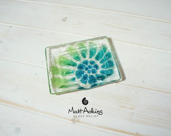 Ammonite Turquoise Green Fused Glass Soap Dish 13x10cm, nautilus fossil soap tray, bathroom accessories, hostess gift, bar soap holder