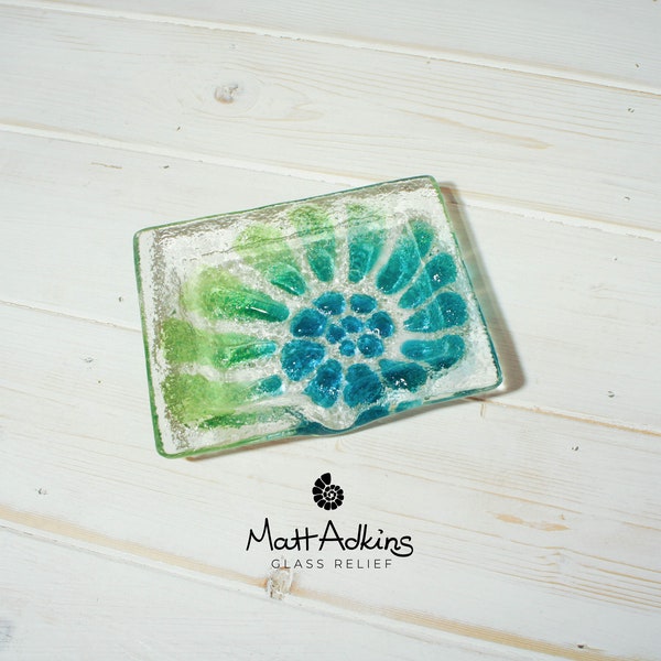 Ammonite Turquoise Green Fused Glass Soap Dish 13x10cm, nautilus fossil soap tray, bathroom accessories, hostess gift, bar soap holder