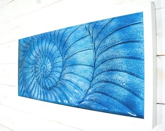 Large Landscape Dark Blue Glass Ammonite Frame - handmade panoramic fused glass art in blue with nautilus design - 60x30cm (23"x12")