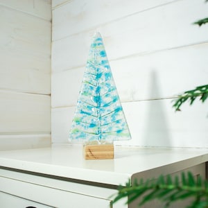 Large Fused Glass Christmas Tree Blue Green 22cm (8 1/2&quot; tall), Blue&Green Fused Glass Christmas Tree Decoration ornament with wooden block
