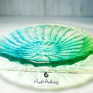 Green Blue Ammonite Fused Glass Bowl 20cm(8") in gift box, Teal Turquoise Bowl Fossil Nautilus, bathroom decor, sea glass art, key bowl