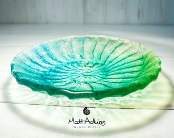 Green Blue Ammonite Fused Glass Bowl 20cm(8") in gift box, Teal Lime Green Turquoise Blue Fossil Nautilus Fused Glass, bathroom decor