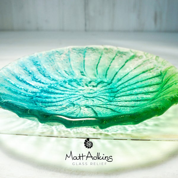 Green Blue Ammonite Fused Glass Bowl 20cm(8") in gift box, Teal Lime Green Turquoise Blue Fossil Nautilus Fused Glass, bathroom decor