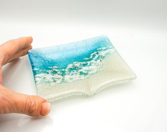 Paradise Aqua Fused Glass Soap Dish 13x10cm (5x4"), glass soap tray, coastal handmade trinket dish, soap holder, house warming gift