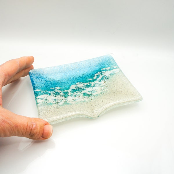 Paradise Aqua Fused Glass Soap Dish 13x10cm (5x4"), glass soap tray, coastal handmade trinket dish, soap holder, house warming gift