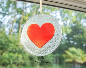 Red Heart Glass Suncatcher - handcrafted round hanging fused glass art with ribbon 12cm(5")