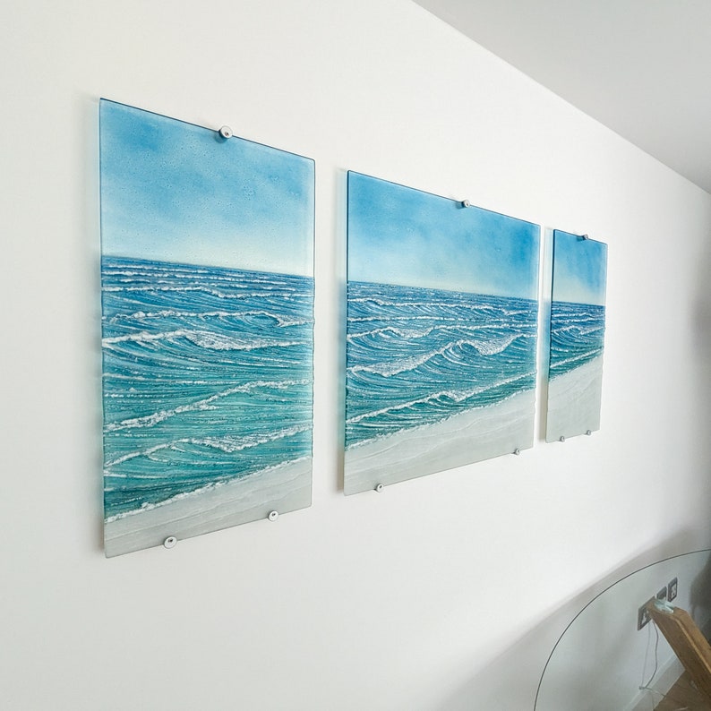 extra large wall art
teal fused glass
triptych wall art
textured wall art
gallery wall
3 piece wall art
set of 3 prints
wall art set
living room decor
sculpture sea glass
wall hanging
glass wall panels
blue wall sculpture