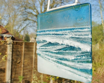 Hanging Glass Wave 12cm(5"), Ocean Glass Sculpture Seagulls, Suncatcher Fused Glass Art Sea, Sea Window Decoration Glass Art D1 with Cord