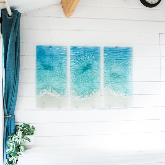 Shark Paradise Triptych Fused Glass Wall Art OVERALL 100x60cm (40x23"), extra large wall art, each panel is 30x60cm (12x23"), wall art set