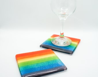 Set of 2 Fused Glass Rainbow Coasters, placemats, teacher gifts, friend birthday gift, dating anniversary, nanny gift, sea glass art