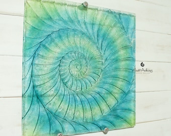 Large Ammonite Glass Art 40cm(16"), Turquoise Blue Lime Green Square Ammonite Glass Wall Sculpture, Fossil Nautilus Seashell Fused Glass Art