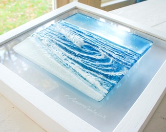 Rolling Wave in a Box Fused Glass Framed Art 25x25cm(10") D2, glass wall art ocean, modern glass art, Glass Wave Wall Sculpture, home decor