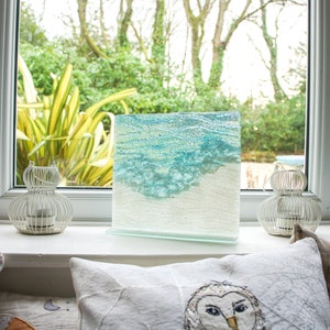 Beach Suncatcher 22x20cm(8 1/2x7 3/4"), Paradise Panel, Sea Glass Art, Beach Freestanding Panel, Fused Glass Coastal Art, Paradise Model 3