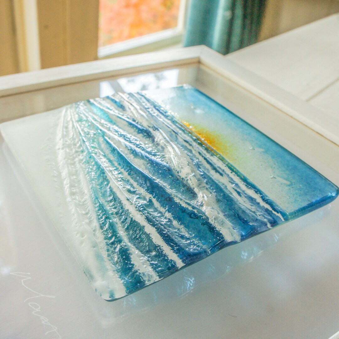 Wave in a Box Fused Glass Wave Wall Art Sun 25x25cm10, Turquoise Teal
