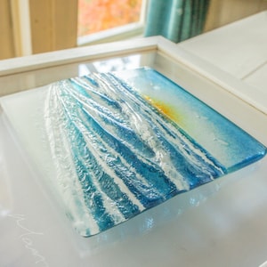 Wave in a Box Fused Glass Wave Wall Art Sun 25x25cm(10"), Turquoise Teal Blue Seaside Glass Framed Picture, Surfer's Wave Wall Sculpture