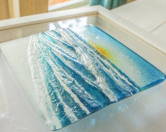 Wave in a Box Fused Glass Wave Wall Art Sun 25x25cm(10"), Turquoise Teal Blue Seaside Glass Framed Picture, Surfer's Wave Wall Sculpture