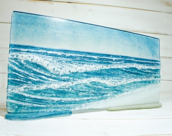 Wave Glass Art 40x20cm(16x8") Suncatcher, Turquoise Blue Wave Panel Freestanding D2, Fused Glass Sea Art, Coastal Scene, Glass Art Sculpture