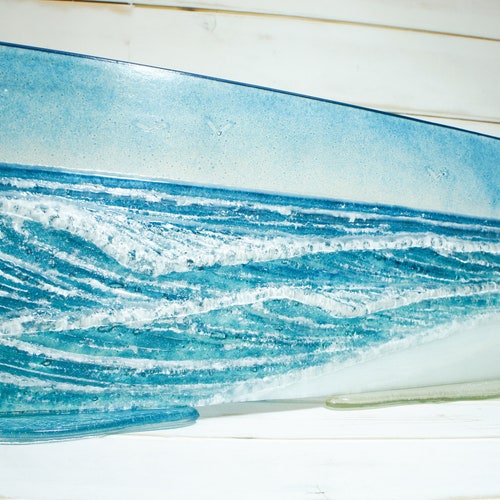 Wave Glass Art 40x20cm(16x8") Suncatcher, Turquoise Blue Wave Panel Freestanding D2, Fused Glass Sea Art, Coastal Scene, Glass Art Sculpture