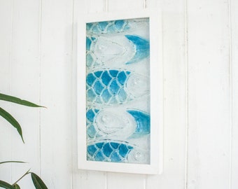 Fused Glass Fish Wall Art Portrait 18x34cm (7x13"), Blue FishCrowd Glass Framed Picture, Fish Coastal Seaglass Wall Art