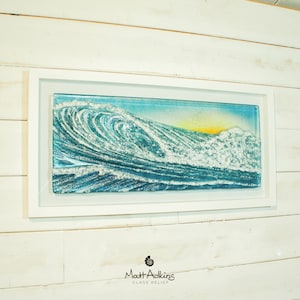 Surfer's Wave Sun in a Frame 60x30cm/23x12", The Surfer's Wave sea wave wall decor, Fused Glass wall art seaside wave sculpture, Sea Glass