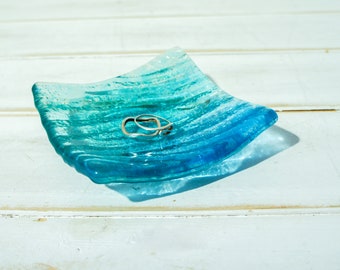 Blue Teal Seabed Glass Dish 10cm(4") with optional organza bag, Ring Dish, Fused Glass Trinket,  Seabed Ripple beach bathroom decor dish