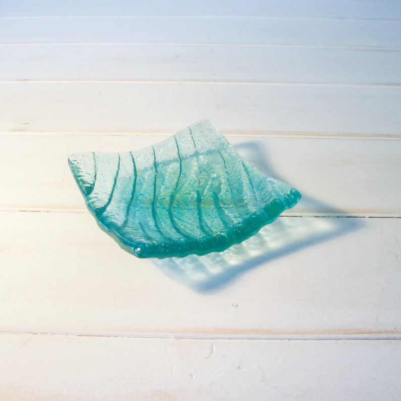 fused glass trinket, ring dish, handmade dish, teal dish, seabed dish, ring holder, turquoise dish, coastal dish