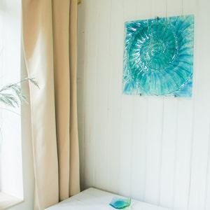Large Ammonite Glass Art 40cm(16&quot;), Turquoise Blue Square Ammonite Glass Wall Sculpture, Coastal Fused Glass, Fossil Nautilus Seashell Art